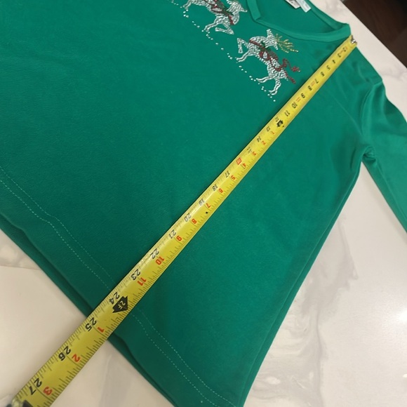 Reindeer Bling Christmas Top Green V Neck - Picture 6 of 10